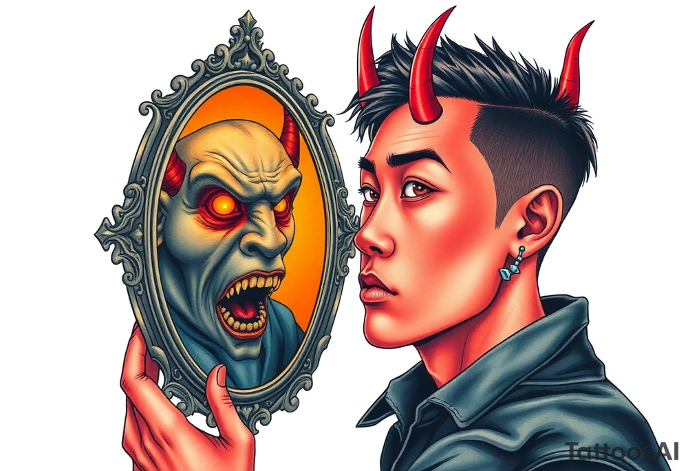 Handsome Asian young guy is looking in cursed mirror and see devil tattoo idea