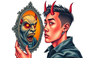 Handsome Asian young guy is looking in cursed mirror and see devil tattoo idea