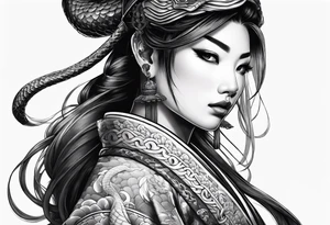 samurai girl with snake tongue tattoo idea