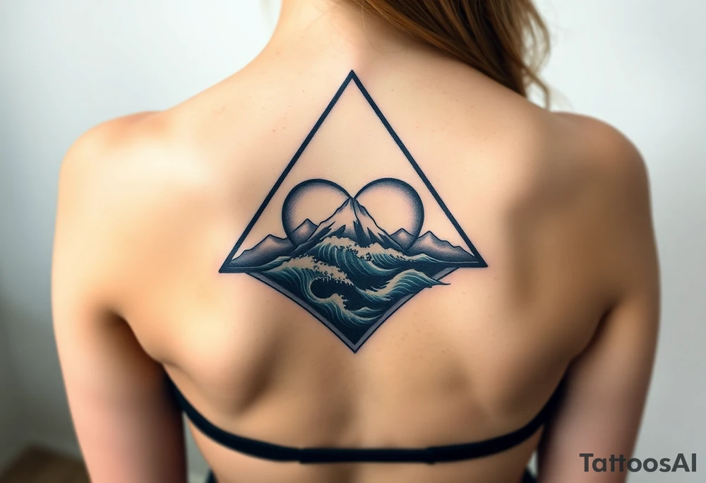 A triangle with a big heart in the center with an ocean mountain theme tattoo idea