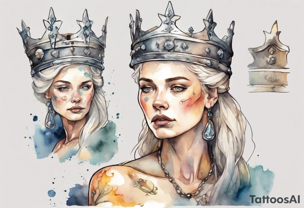 a Germanic queen wearing a simple iron crown sitting on a stone throne tattoo idea