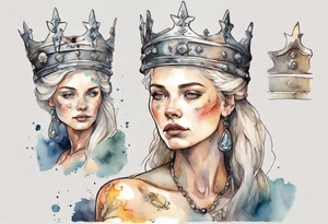 a Germanic queen wearing a simple iron crown sitting on a stone throne tattoo idea