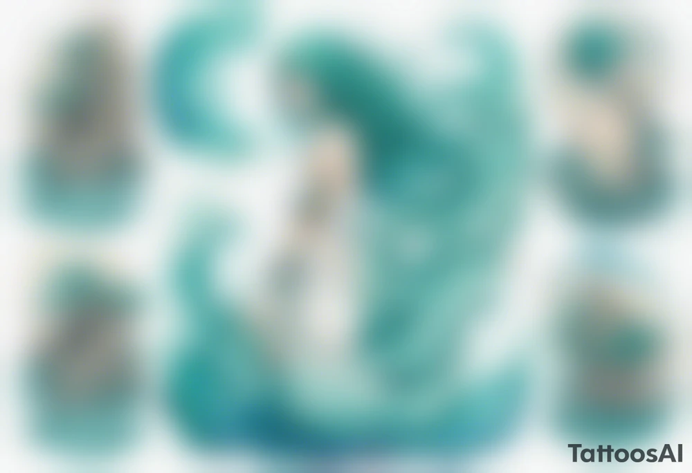 a woman made out of water with gills emerging from the sea, turquoise hair, wearing a white robe, tattoo idea