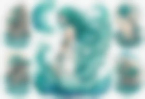 a woman made out of water with gills emerging from the sea, turquoise hair, wearing a white robe, tattoo idea