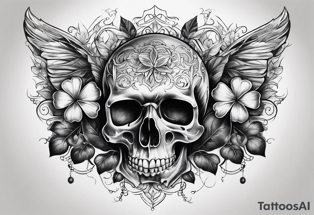 full chest tattoo with 4 leaf clover and skull inside tattoo idea