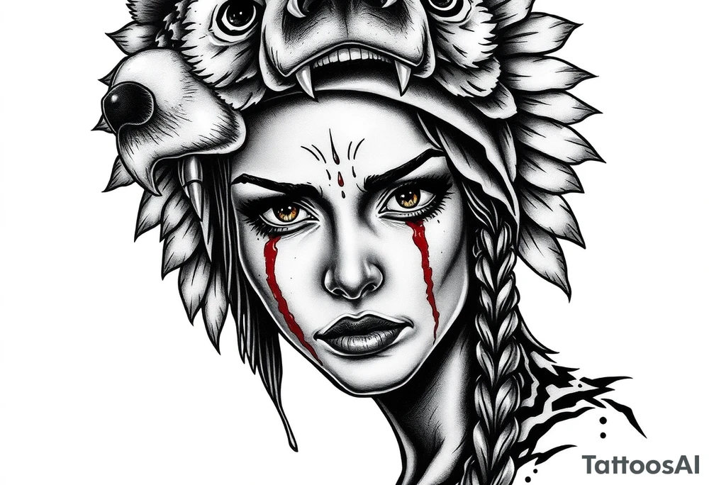 Beautiful Womans with colored eyes, shedding a tear, with battle scars and blood on face, wearing a mean looking bear headdress on head tattoo idea