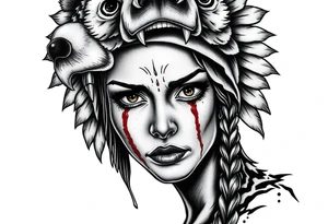 Beautiful Womans with colored eyes, shedding a tear, with battle scars and blood on face, wearing a mean looking bear headdress on head tattoo idea