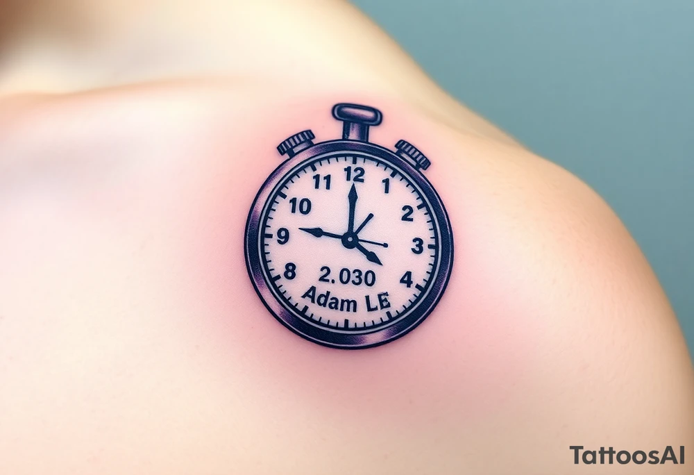 A stopwatch clock, which contains the child’s name "AdamL and birth date "03. 06. 2020", in blue, purple, and silver tattoo idea