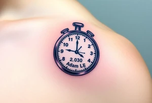 A stopwatch clock, which contains the child’s name "AdamL and birth date "03. 06. 2020", in blue, purple, and silver tattoo idea