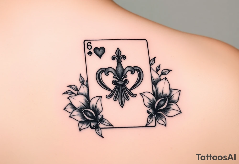 6 of hearts card with fleur de lis as the hearts and magnolias in the background tattoo idea