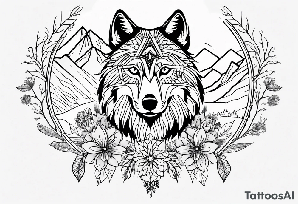 A whimsical wolf tattoo featuring mandala or dream catcher elements, with the wolf as the central focus, surrounded by mountains in the background. Include flowers and nature elements to fill the space around the wolf. Some color but not completely solid bold color tattoo idea