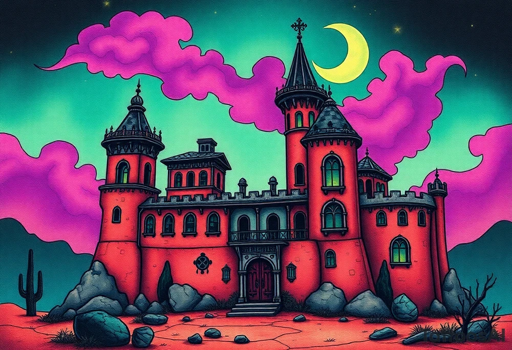 Tim Burton’s haunted Arabian castle is abandoned and dripping with muted reds, dusty pinks, and eerie green glow.purple and cyan smokey clouds swirl in the crescent moonlit sky thats sprinkled with stars tattoo idea tattoo idea