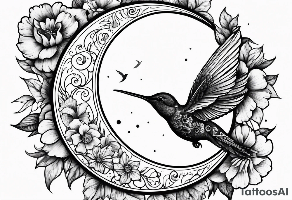 Floral sun and moon with hummingbird tattoo idea