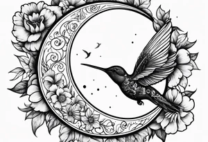 Floral sun and moon with hummingbird tattoo idea