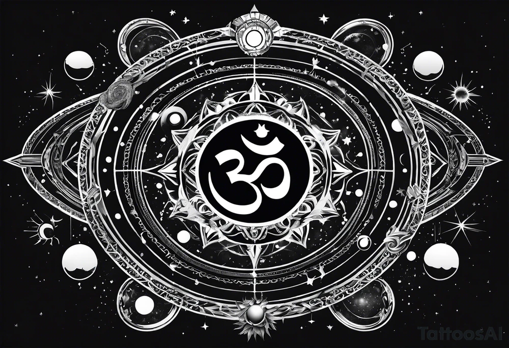 engineering and nature revolving around solar system with OM symbol in the center tattoo idea