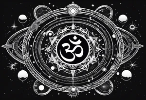 engineering and nature revolving around solar system with OM symbol in the center tattoo idea
