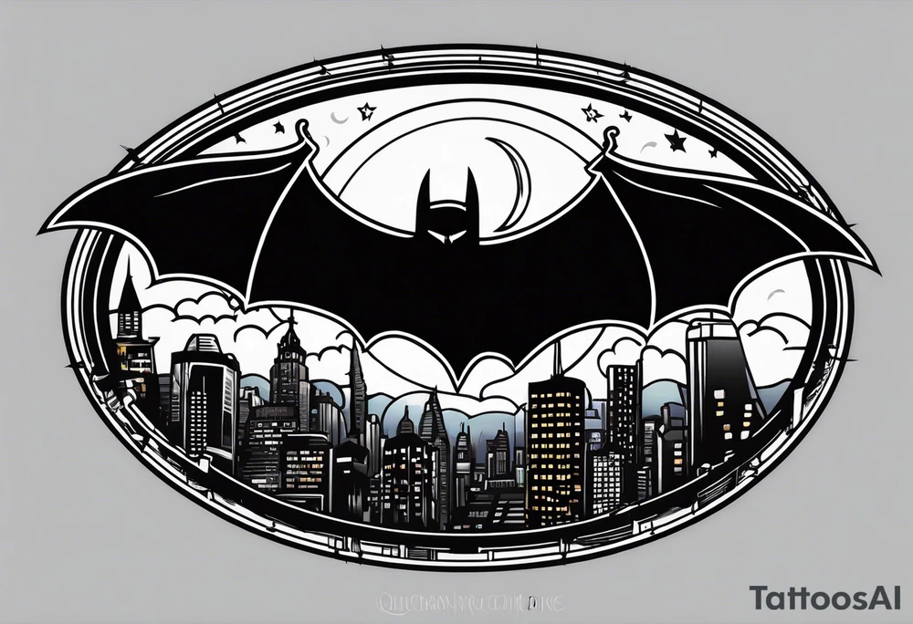 bat signal at night over a cityscape tattoo idea