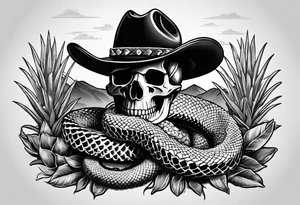 Western diamond back rattlesnake coming through a skull located in the desert with agave plants and scorpions tattoo idea
