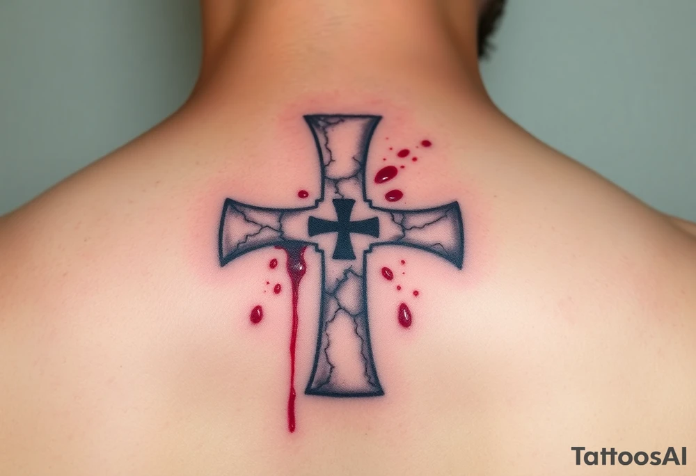 A cracked stone Templar cross with blood splatters, evoking the battle-worn history of the Knights Templar tattoo idea