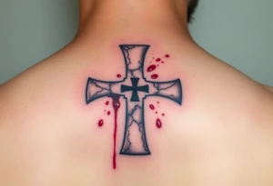 A cracked stone Templar cross with blood splatters, evoking the battle-worn history of the Knights Templar tattoo idea