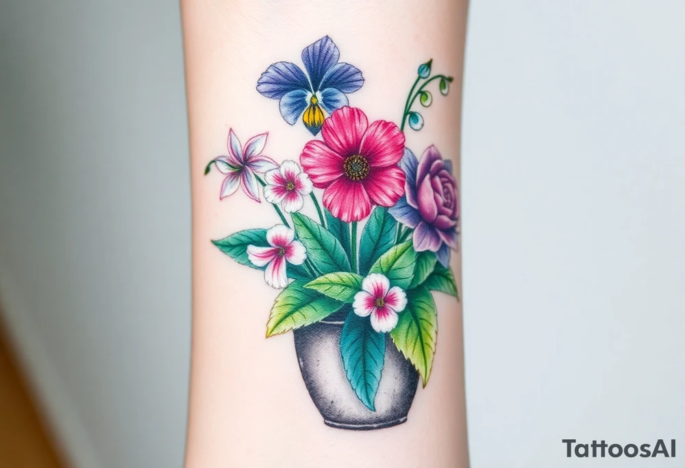 African violet, Daisy, Lily of the valley, Rose, hydrangea in a flower pot. Light color shading tattoo idea