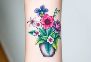 African violet, Daisy, Lily of the valley, Rose, hydrangea in a flower pot. Light color shading tattoo idea