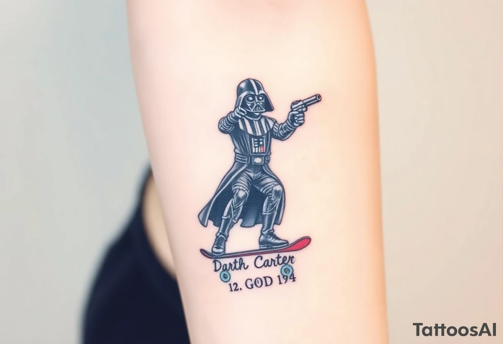 Darth Vader skateboarding holding gun > bullets > memorial > god > colors > futuristic 
add name "Darth Carter" on skateboard
add date in loving memory 12/29/88-01/06/24 tattoo idea