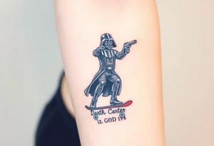 Darth Vader skateboarding holding gun > bullets > memorial > god > colors > futuristic 
add name "Darth Carter" on skateboard
add date in loving memory 12/29/88-01/06/24 tattoo idea