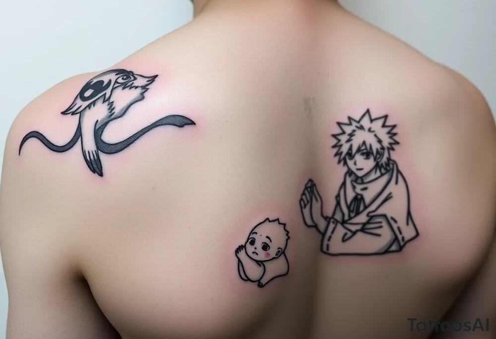 Naruto's Kyubi in the upper part of the arm next to Kushina, in the middle part to Minato with the Parka and in the lower part to newborn Naruto, in an anime style and like a manga tattoo idea