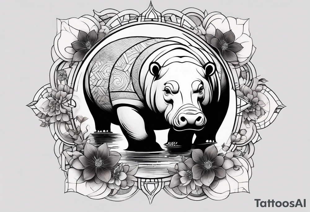 Very asymmetrical, +geometric pattern, with realistic full moon, with seeious looking hippo, +zen feel, + Buddhism touch, +tribal, +geometric, +chinese inkart 
with wintersweet flower bud, +portrait orientation, +inkart touch, tattoo idea