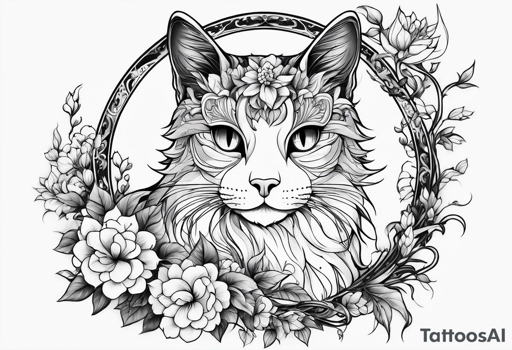 Anime cat covered in flowery vines, forearm tattoo tattoo idea