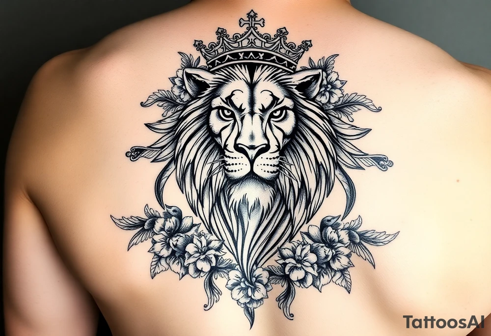 powerful majestic lion with a crown, surrounded by floral ornaments and birds tattoo idea