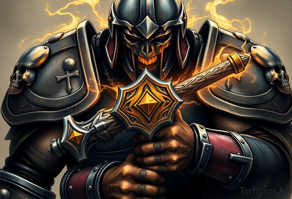 Warhammer, the Old World. A warrior priest of Sigmar holding The Warhammer of Sigmar. The Warhammer of Sigmar is radiating thunderous energy. The Warhammer is held by the warrior priest with both hands at the shaft with a firm grip, upon his chest level. The Warrior priest is wearing dark alloyed heavy armour (reference armor from warhammer vermintide 2 Victor Saltzpyres, the warrior priest of Sigmar class) with skull sigils on his shoulder pads. The warrior priest is wearing a helmet, while the helmets front visor has an humanoid metal face covering. The helmet and armour are gladened with hints of gold and crimson red. The Warhammer is silverish and golden with a long shaft with twisted carvings. tattoo idea