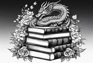 Dragon stack of books flowers tattoo idea
