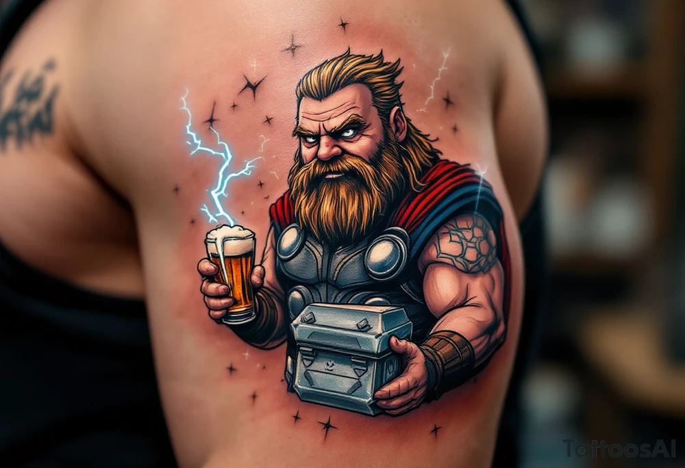 Fat Thor from Endgame holding a beer and Stormbreaker, with sparks of lightning around him in a humorous yet detailed tattoo design. tattoo idea