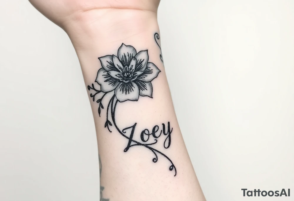 Tattoo on inside wrist just below palm. A flower with curling tendrils draping up inside of arm about 3" with the name Zoey tattoo idea