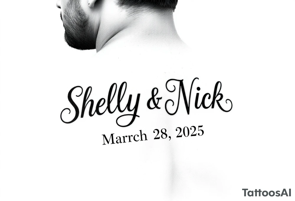 stylized "Shelly + Nick" with date March 28 2025 tattoo idea