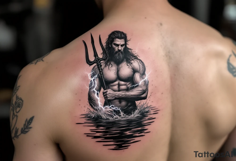 fit poseidon, behind a trident, with lightning, in calm water tattoo idea