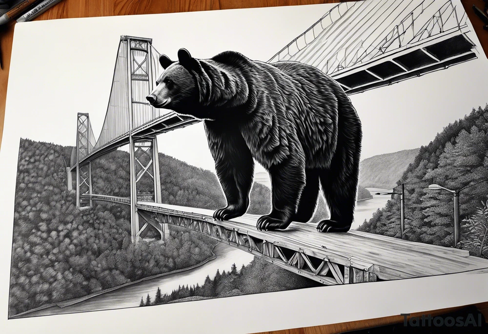 Large thigh tattoo, realism, black and white, black bear with the new river gorge bridge in the background tattoo idea