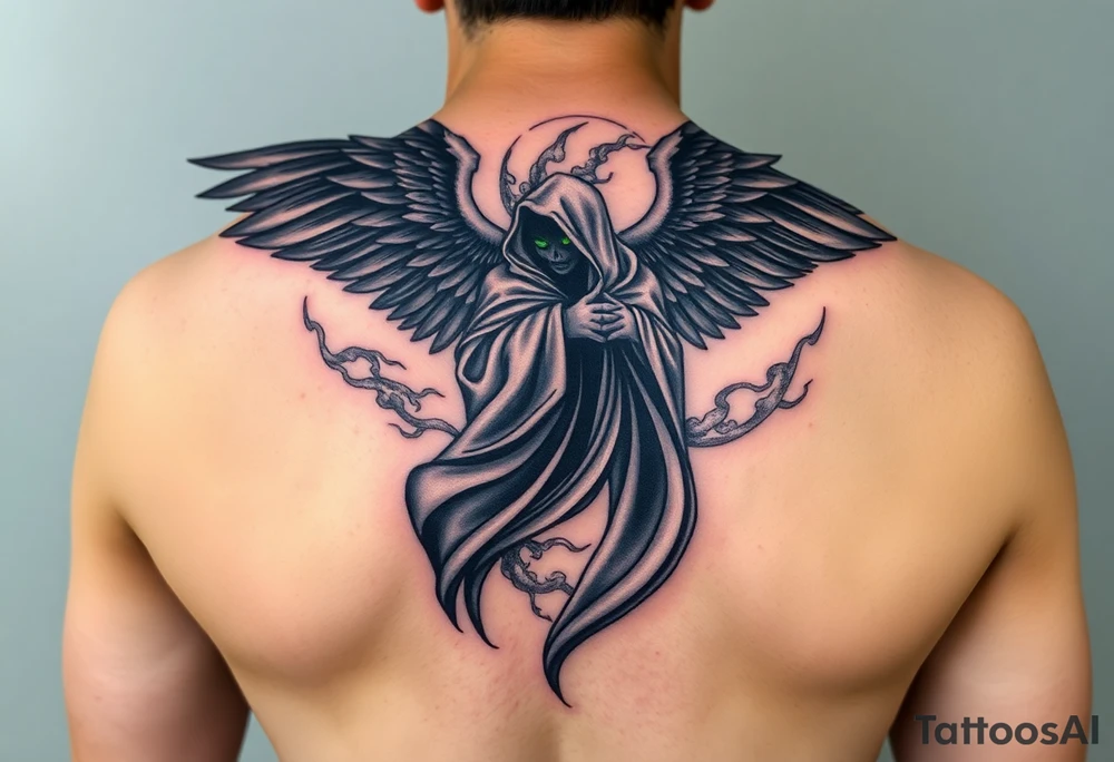 An angel of death in a cloak made of smoke, its wings swirling in the air in an ethereal gray and black, with bright green eyes peeking through. tattoo idea