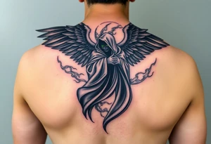 An angel of death in a cloak made of smoke, its wings swirling in the air in an ethereal gray and black, with bright green eyes peeking through. tattoo idea