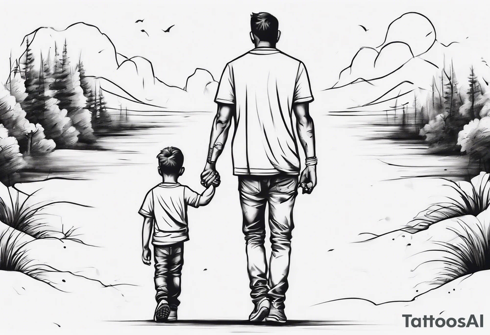 father and son walk away holding hands, just an outline tattoo idea