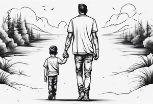 father and son walk away holding hands, just an outline tattoo idea