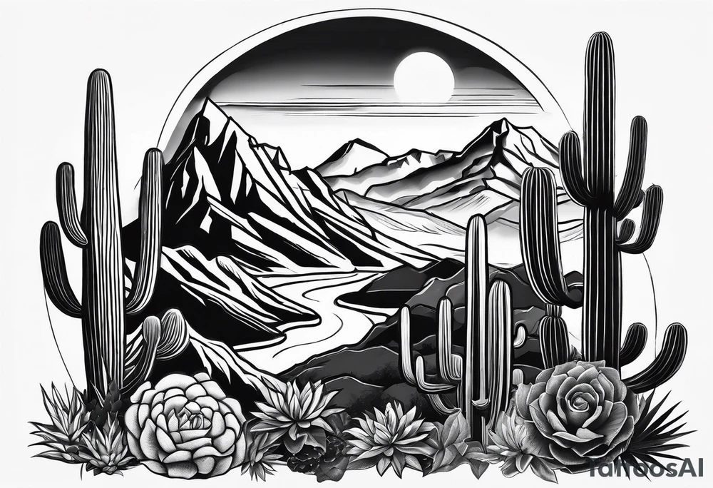 Forearm vertical, cactus, mountain, male hiker tattoo idea