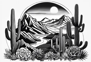 Forearm vertical, cactus, mountain, male hiker tattoo idea