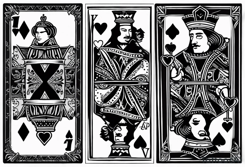 Show Two cards, king of hearts with the K in the middle of the card and hearts in the corners and the Ace of spades behind it with the A in the corner peeking from behind the king of hearts card tattoo idea