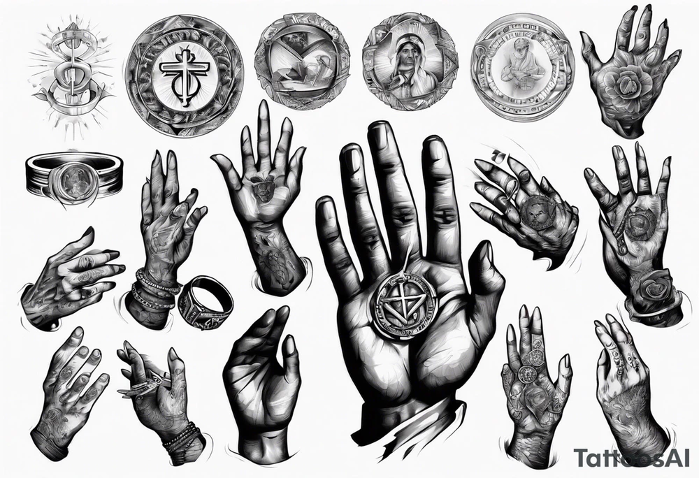 Hands of a praying man with money and rings tattoo idea