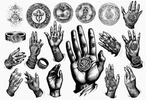 Hands of a praying man with money and rings tattoo idea