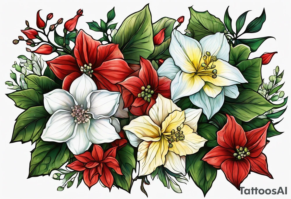 Hydrangea, Narcissus, Poinsettia, Holly, Gladiolus, Poppy, Daisy, Sweet Pea floral tattoo idea