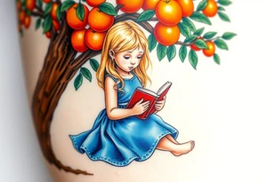 A blond little girl wearing a blue dress sitting under a orange tree while reading a book.


. tattoo idea